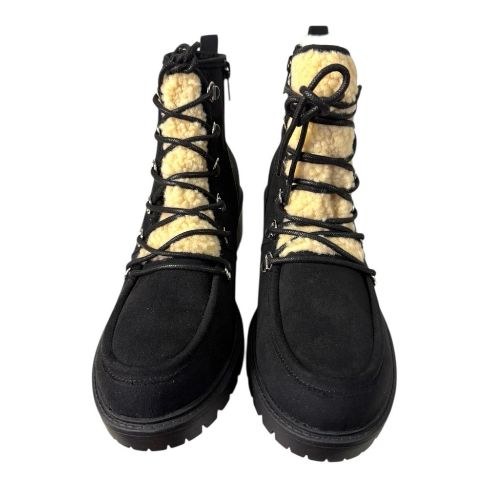 Sun + Stone Quinnnf Black Faux Suede Sherpa Lace-Up Boots Size 8.5M